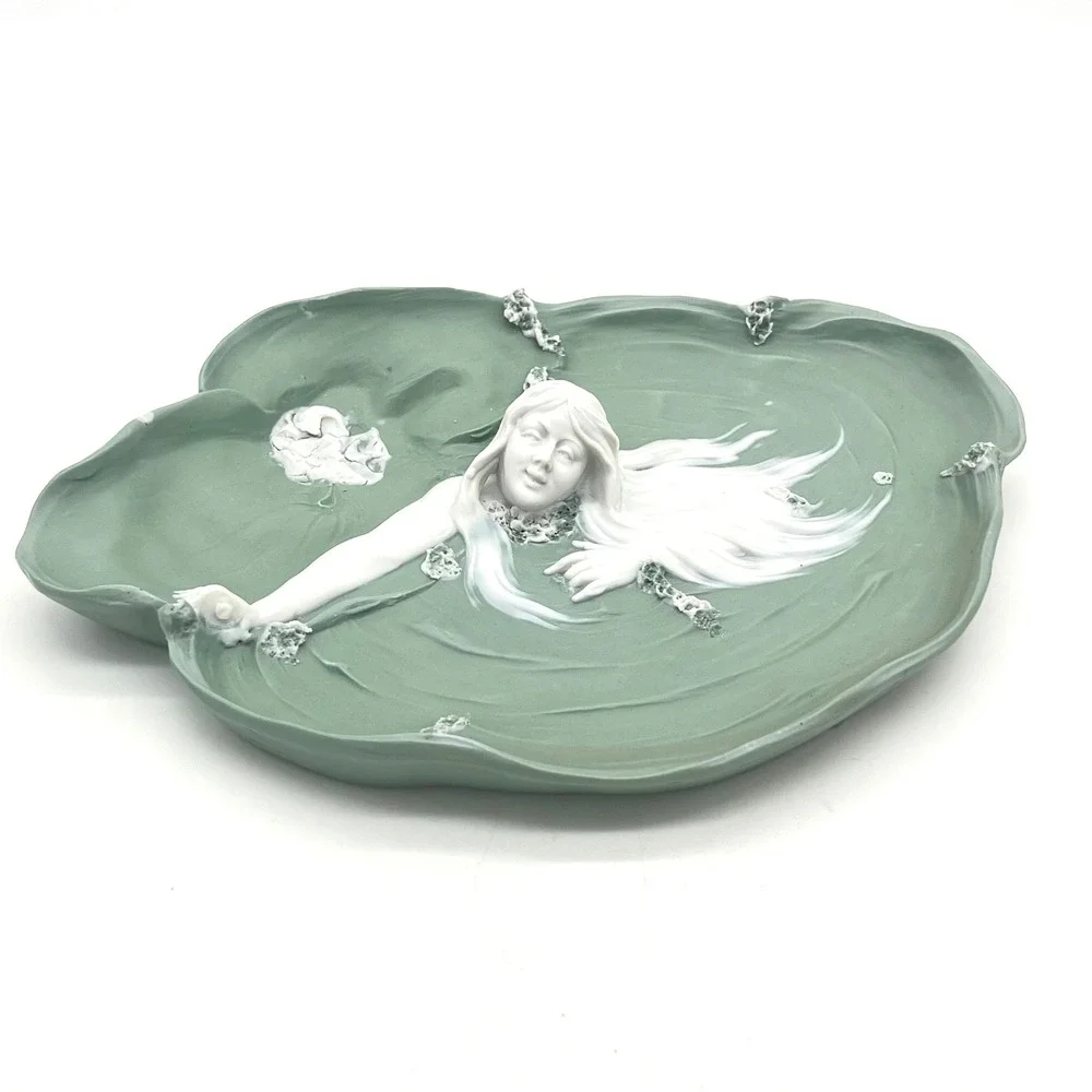 Art Nouveau Ceramic Maiden Lily Pad Tray Sage Green White Sculptural Relief 8.5